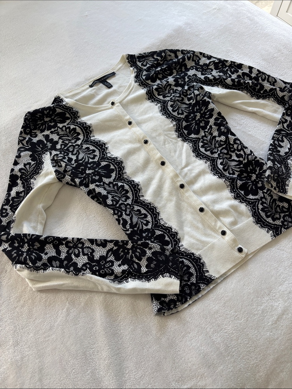 White House Black Market Black & Cream Lace-Trim Button Cardigan